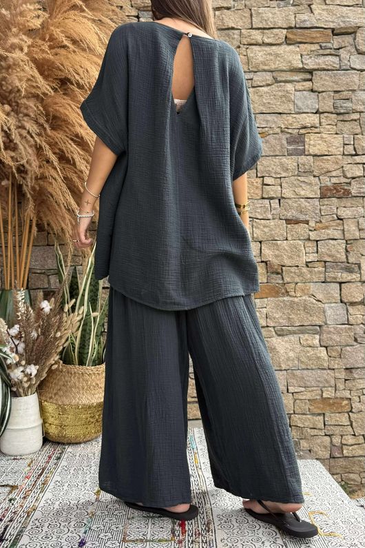 Pure Cotton Santos Keyhole Drape Back Top Charcoal